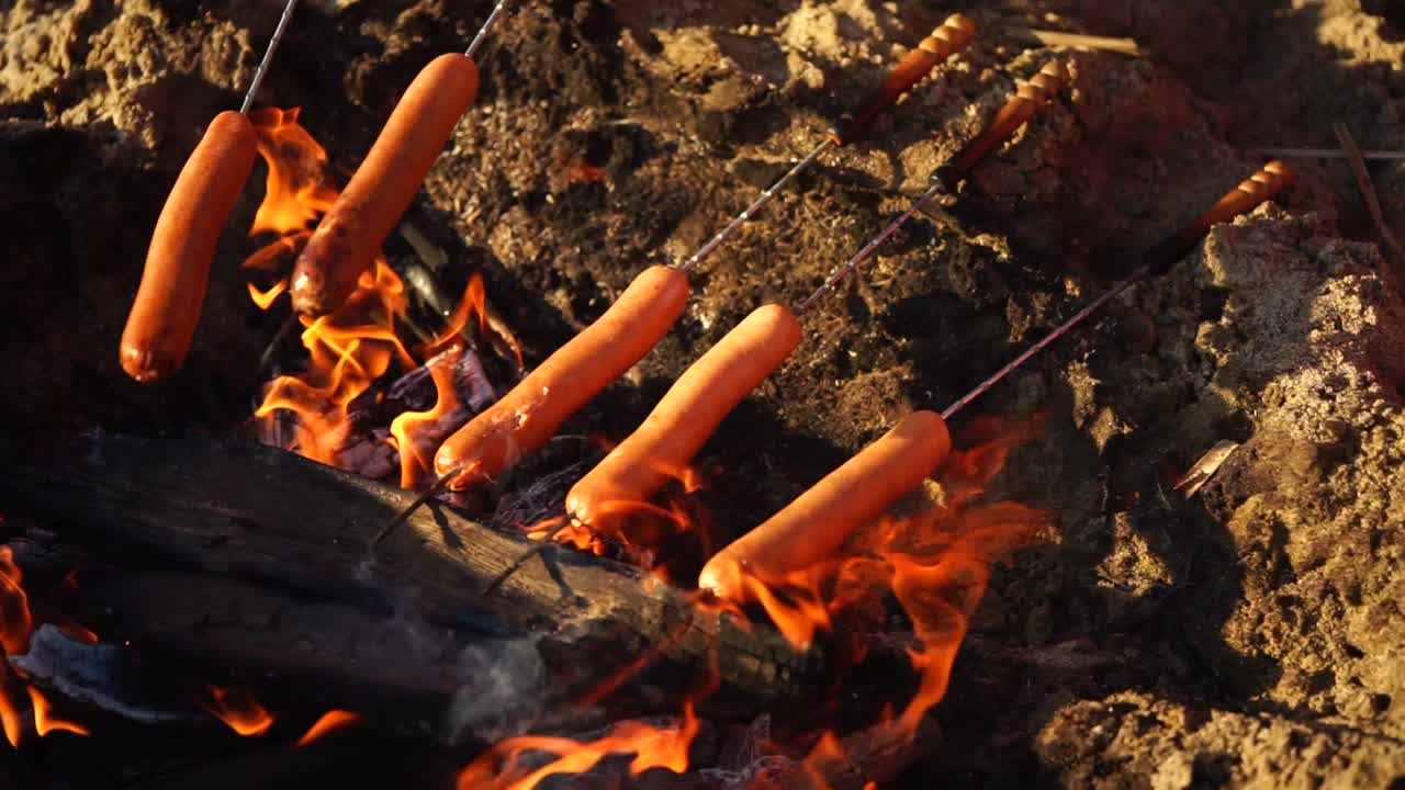Hot Dogs Cooking on a Campfire
