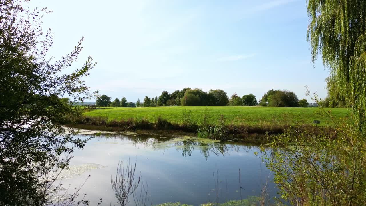 Low drone flight crossing vegetation and a pond before revealing the trimmed green grass and trees of a golf course