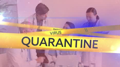 Yellow-police-tapes-with-Danger,-Virus-and-Quarantine-text-against-doctors-discussing