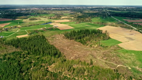 drone shot of a deforested forest surrounded by green fields and nature