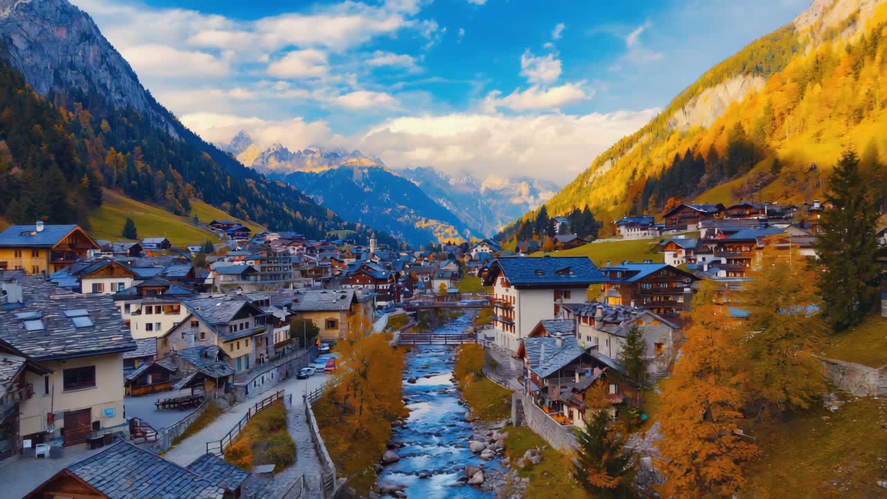 Picturesque Village in the Mountains During Autumn