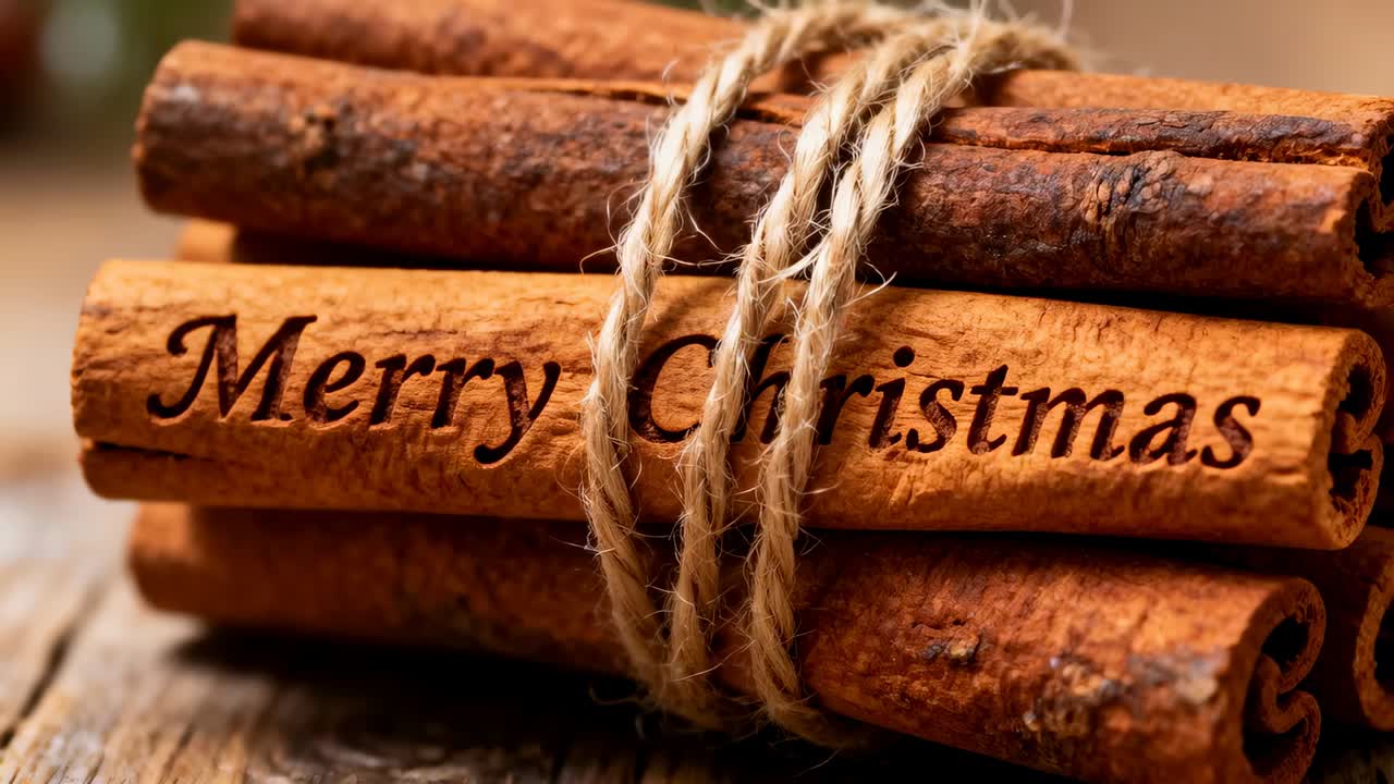 Zooming camera on cinnamon bundle on worn board, revealing jute twine and Merry Christmas engraving