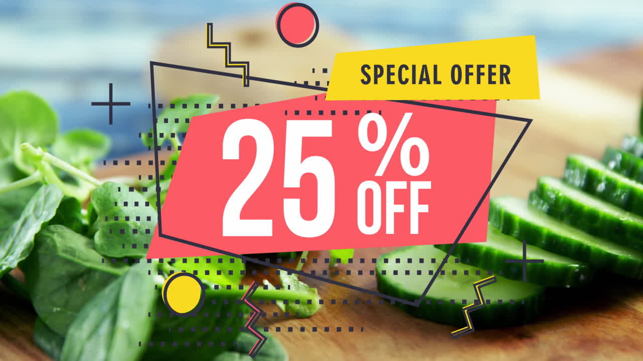 animación de oferta especial y fuera de texto con 25 número y percentil sobre verduras en la mesa