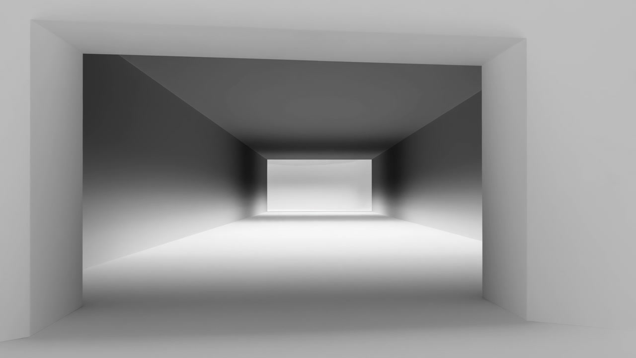 Minimal white interior corridor with deep rectangular opening, smooth matte walls and floor, soft shadow bands, centered perspective, quiet modern atmosphere, and strong geometric balance for