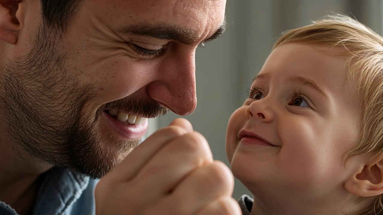 Padre sonriente levantando la mano, inclinándose hacia el niño pequeño en casa, provocando una sonrisa, con barba y camisa de mezclilla.
