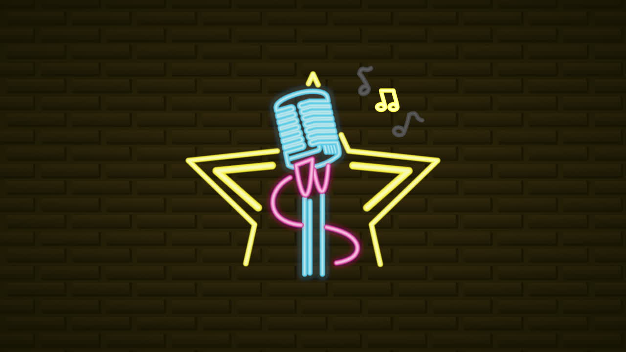 네온 조명 카라오케 라벨과 함께 벽