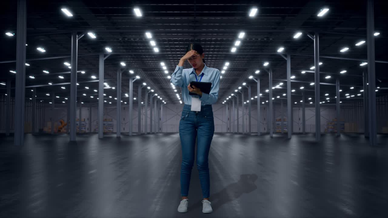 Full Body Of Asian Female With Her Tablet in Empty Modern Warehouse, Typing And Dissapionted With Nodding Her Shead