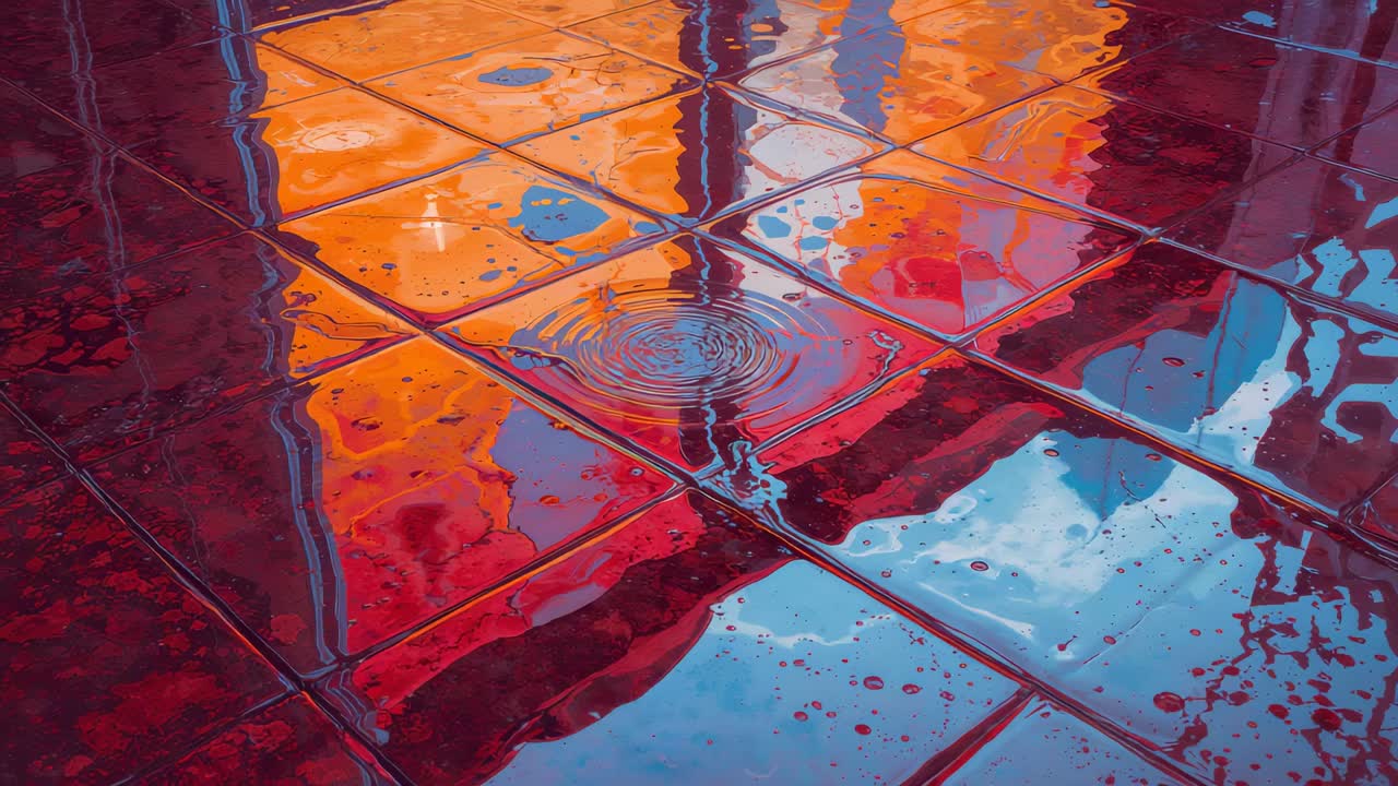 Rippling wet tiles reacting to raindrop hitting at walkway, with orange red blue reflections