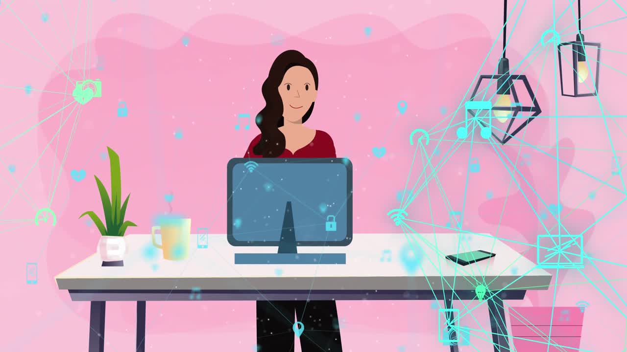 Animation of network with digital icons over woman using computer