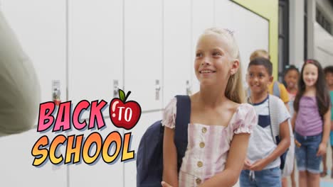 Animation-of-back-to-school-text-over-happy-diverse-male-teacher-and-pupils-in-school-corridor