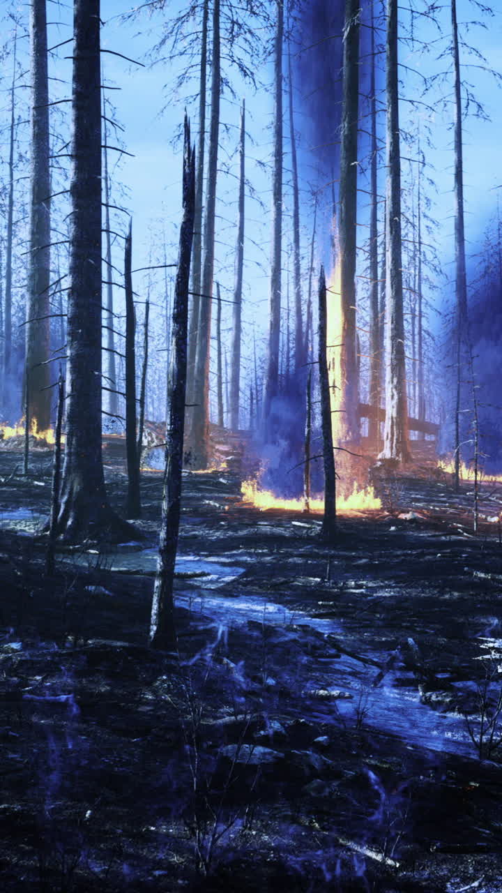 Desolation of a forest in the aftermath of a fierce wildfire