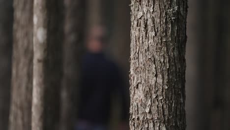 Figura-Masculina-Fuera-De-Foco-Camina-En-Cámara-Lenta-A-Través-Del-Fondo-De-Un-Bosque-Tenuemente-Iluminado