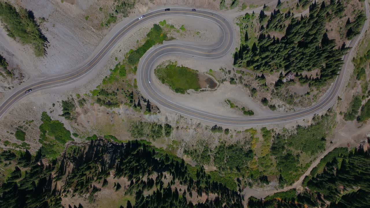 Top down aerial of dramatic mountain switchbacks carved into steep alpine terrain, Million Dollay Highway Colorado USA