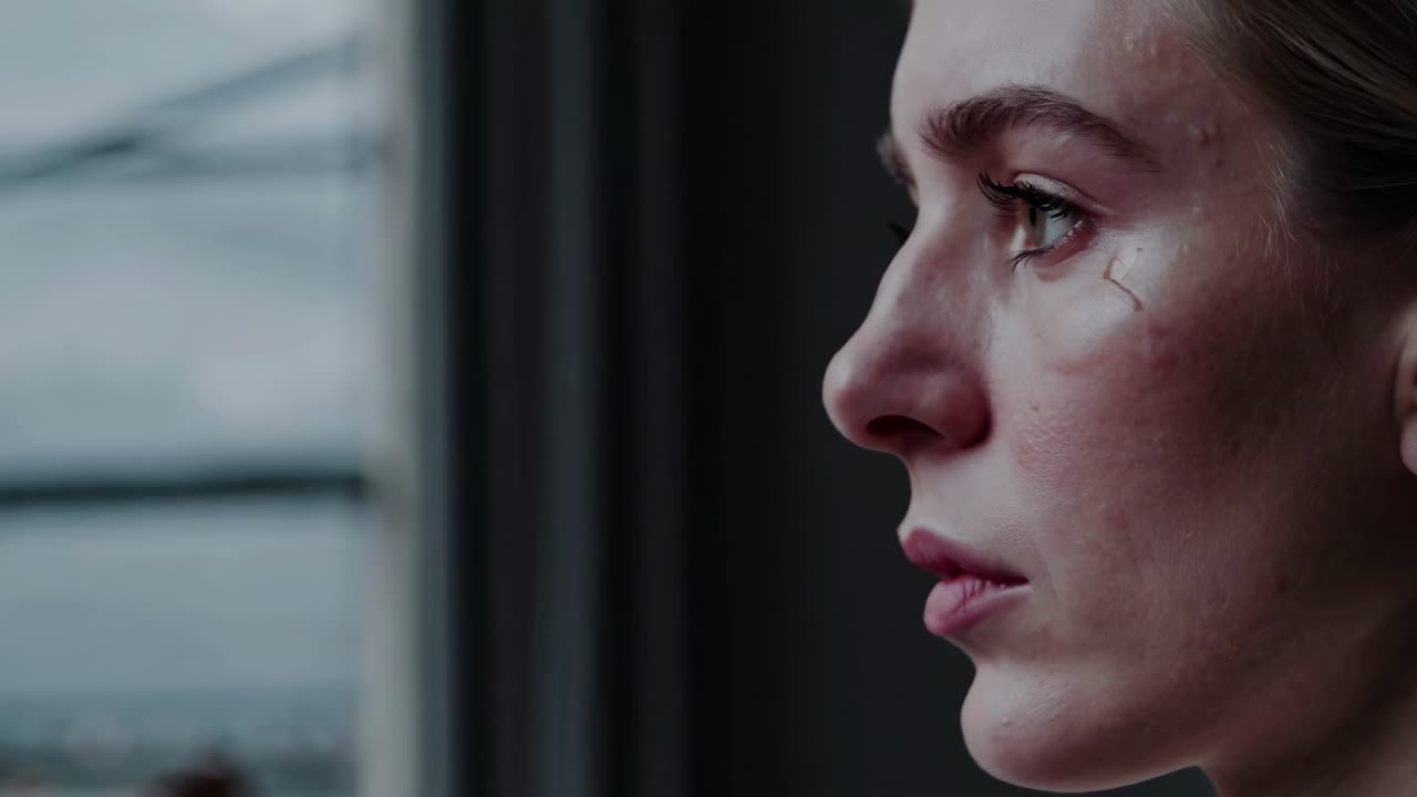 Close-up side profile of a woman with closed eyes, capturing a serene moment