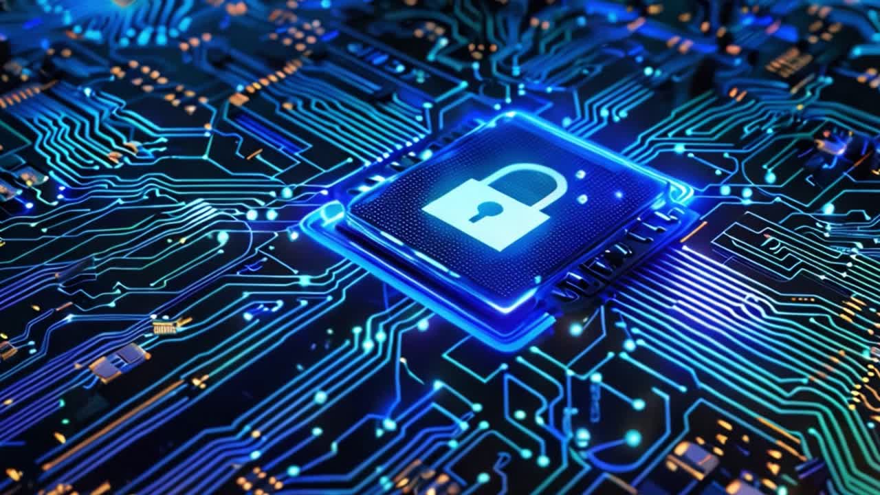 Digital Security Concept: Padlock on Microchip Circuit Board