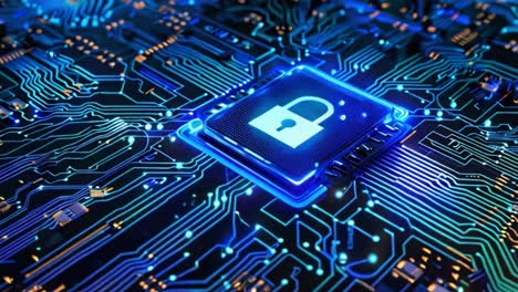 digital security concept: padlock on microchip circuit board