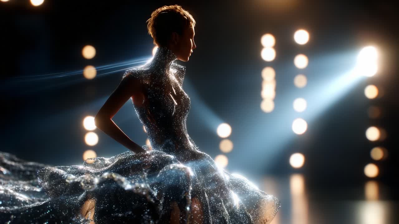 A Dazzling Portrait of Elegance and Light: Capturing a Stunning Silhouette in a Glittering Dress with Ethereal Sparkles that Shine Radiantly Against a Dreamy Backdrop of Soft Beams and Luminescent Lights