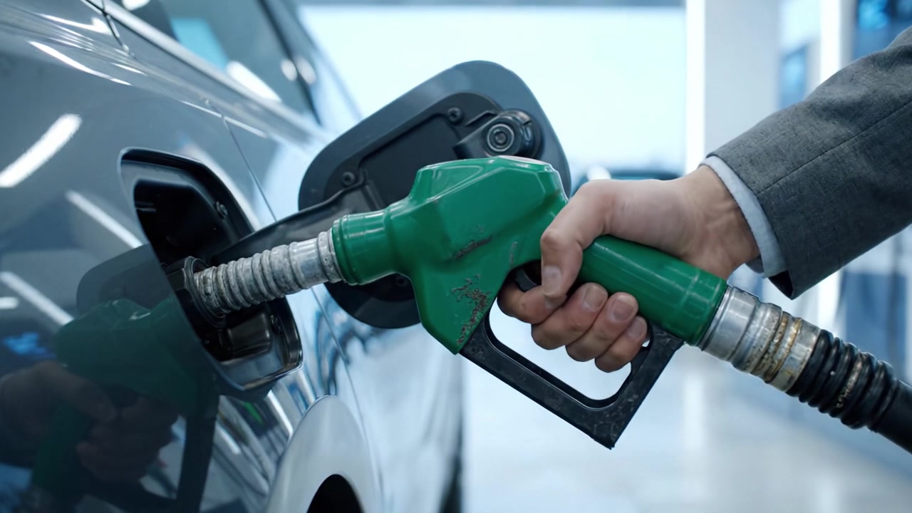 Una Prospettiva Ravvicinata sul Rifornimento di un Veicolo: Il Processo di Fare Benzina a una Stazione di Servizio con una Pompa di Benzina Verde in Mano