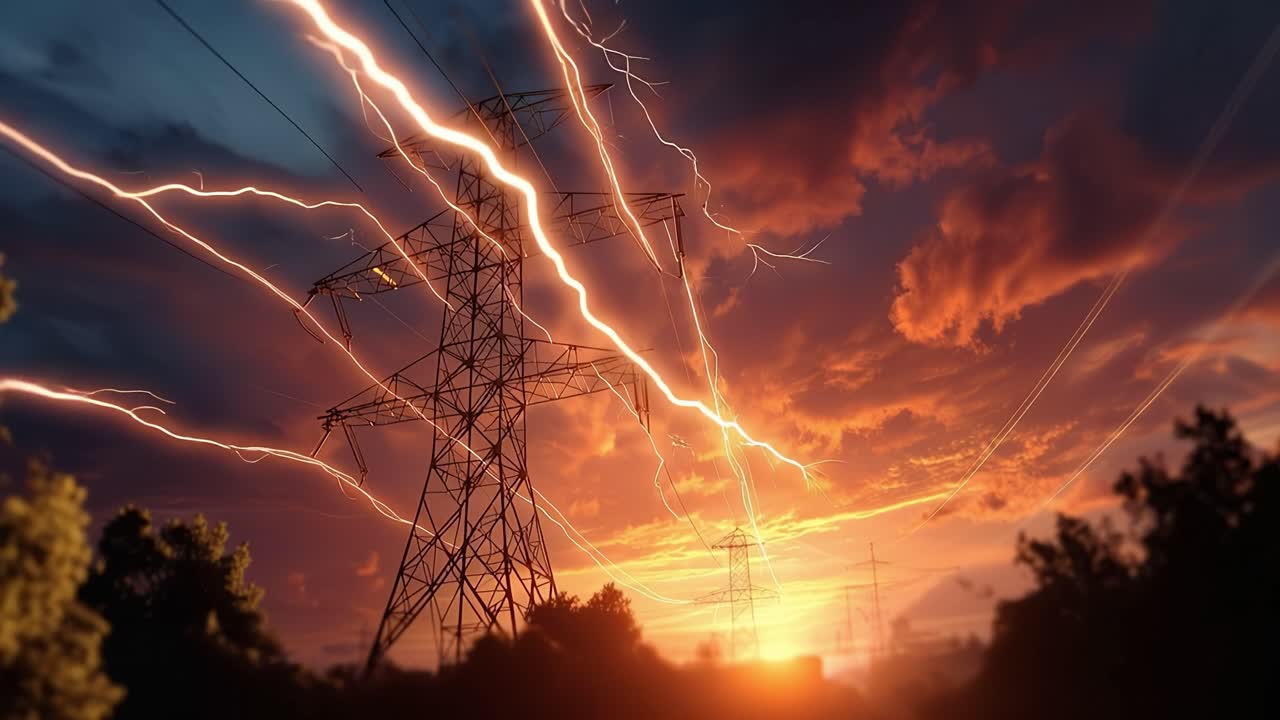 Dramatic Sunset Ignited by Striking Lightning Bolts and Towering Power Lines Illuminating the Sky, Captured in Two Stunning Frames of Nature's Power