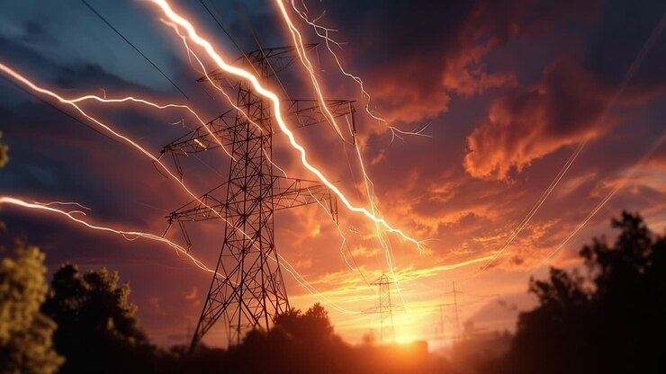 Dramatic Sunset Ignited by Striking Lightning Bolts and Towering Power Lines Illuminating the Sky, Captured in Two Stunning Frames of Nature's Power
