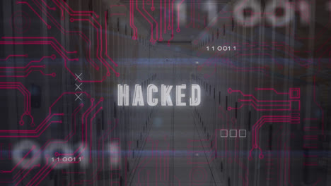 animation of hacked text with binary codes over snowfall against server room in background