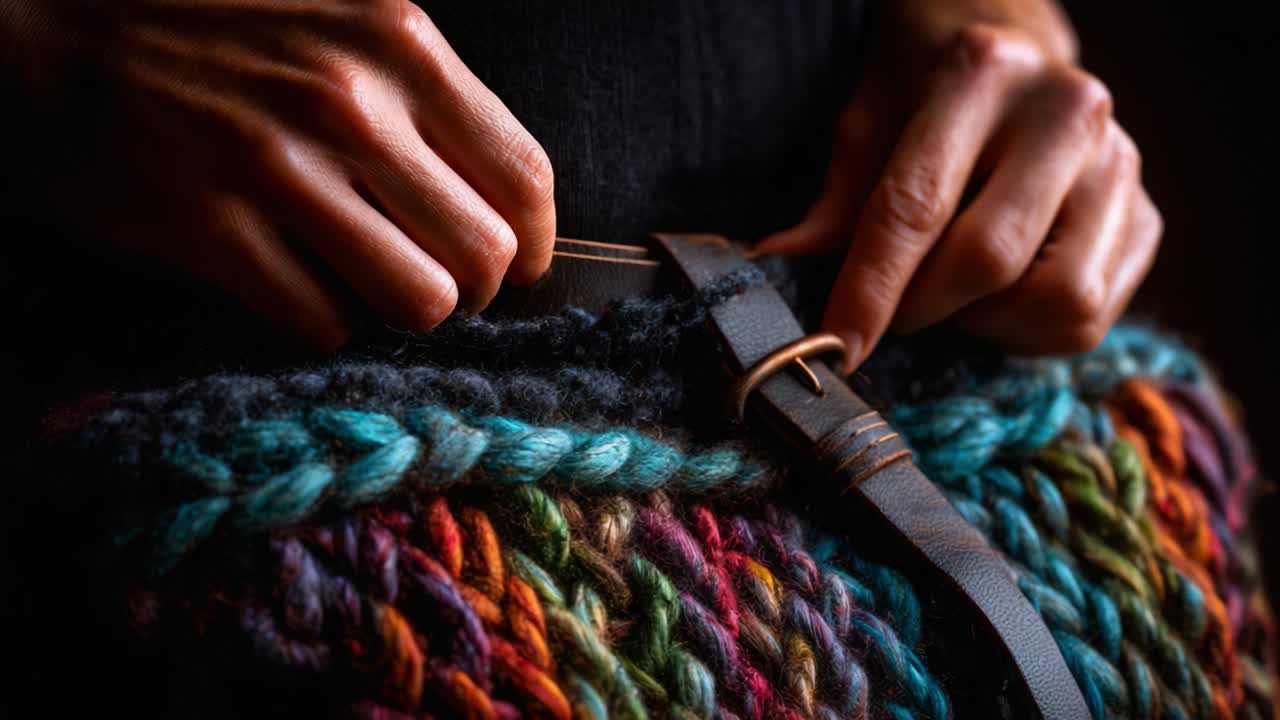 A Skilled Artisanal Craft: Close-Up On A Hand Finishing The Strap Of A Beautifully Woven Bag With Vibrant Colors, Showcasing The Craftsmanship In Every Detail