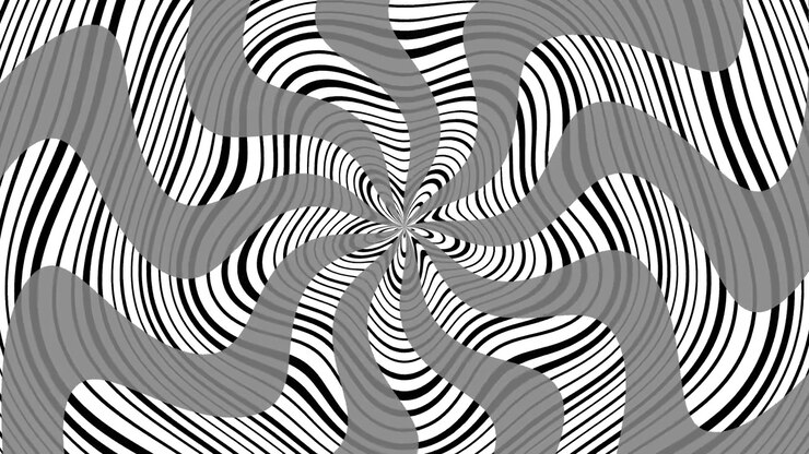 Sfondo monocromatico con distorsione a spirale radiale, con linee bianche e nere distorte e forme grigie traslucide, presentato come una clip VJ in loop continuo.