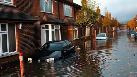 a black car is stuck in a flooded street. the car is surrounded by water and is partially submerged