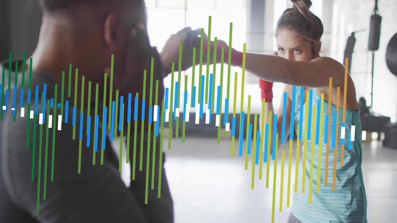 Male coach holding mitts, woman boxer throwing jabs for boxing drill, equalizer moving with punches