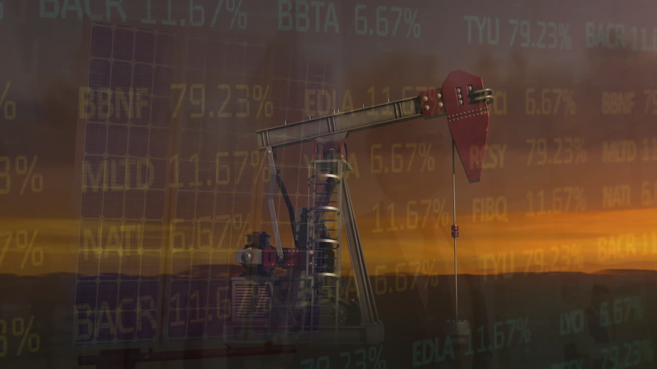 animación del procesamiento de datos financieros sobre la plataforma petrolífera al atardecer