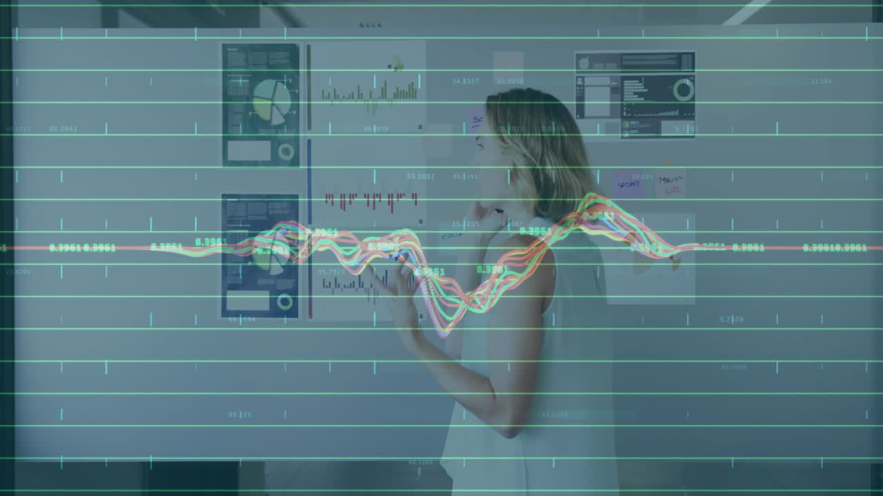 In office, businesswoman talking on phone with animation of financial data graphs