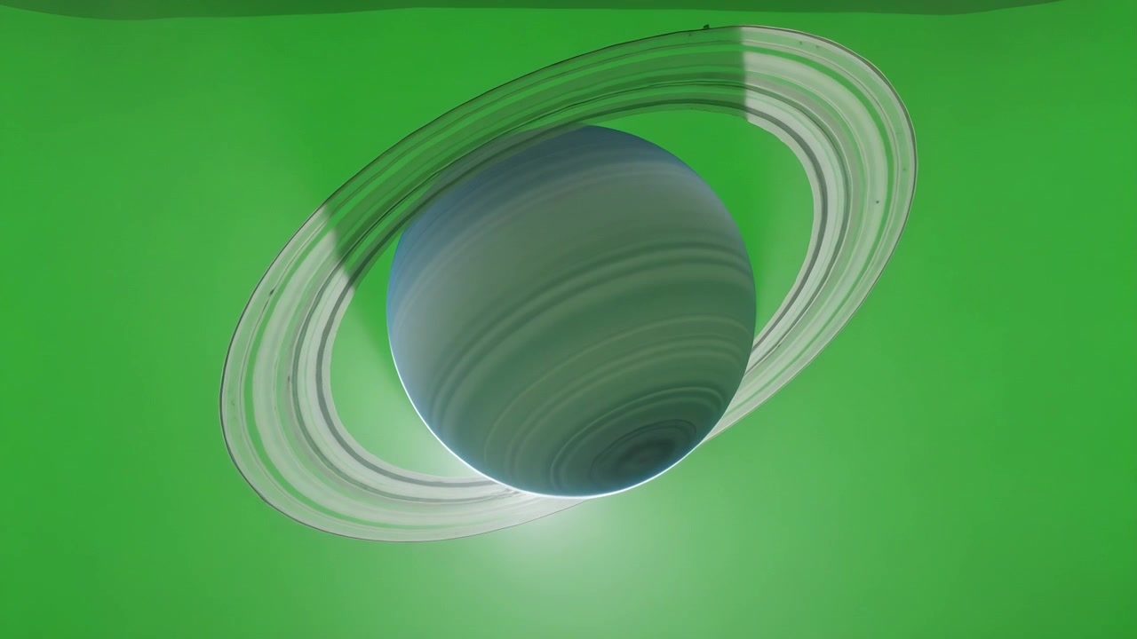 Rotating ringed planet on green chroma tilting as specular flare appearing for keying
