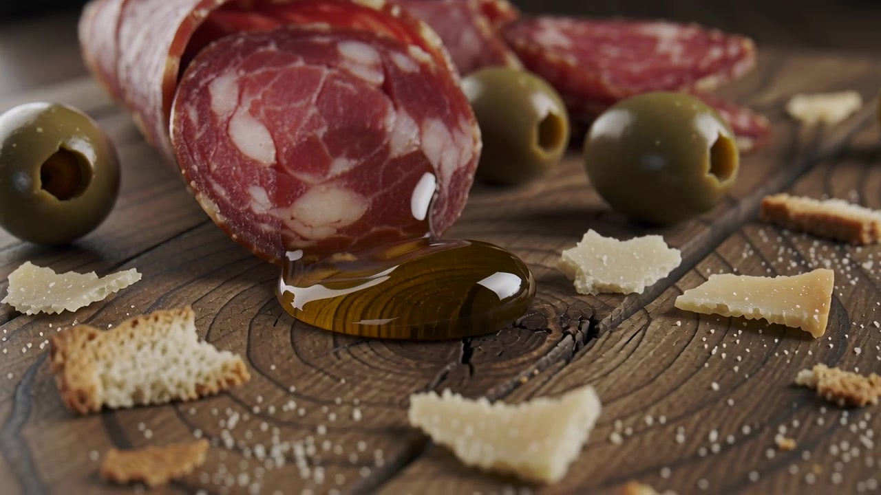 Goccia d'olio che cade da un salame su un tagliere di legno, spargendosi tra olive, formaggio e briciole