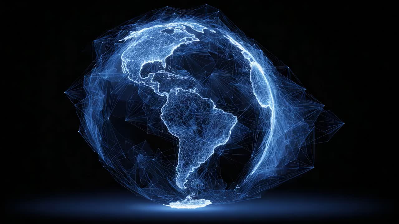 Globo digitale dinamico che mostra una rete di connessioni tra continenti con linee illuminate e nodi geometrici che rappresentano la connettività globale