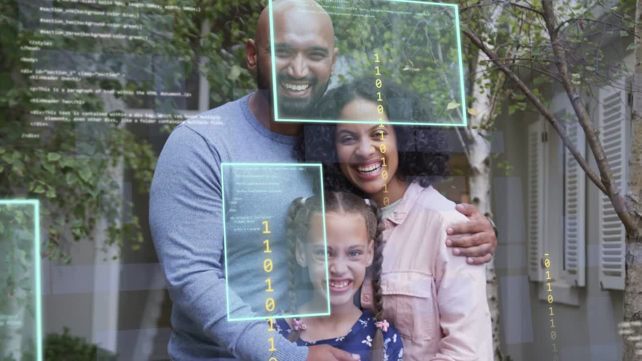 Gezin van drie poseert op de veranda voor de camera, waarbij AR-technologie codevakken start die gezichten omkaderen voor een terugwijkend portret.