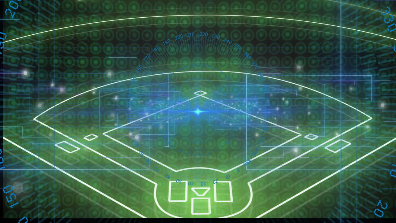 Animation of digital baseball field with glowing blue elements and data visualization