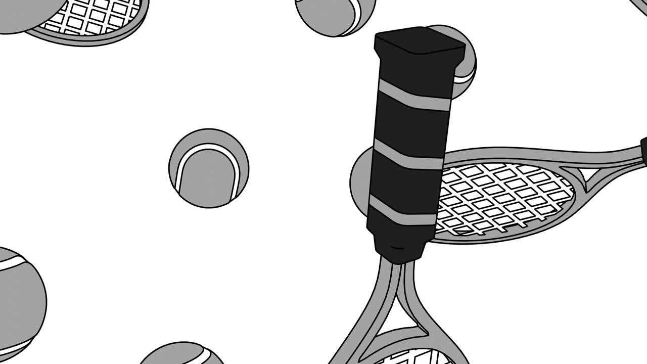 색 배경에 회색 테니스 공과 테니스 라켓을 그린 스타일입니다.