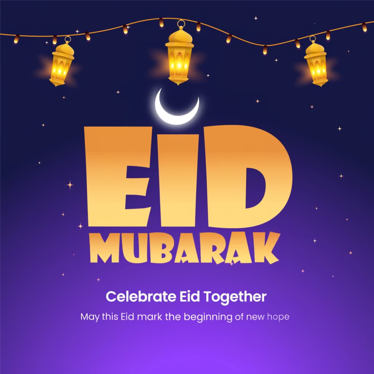 Animazione testuale Eid Mubarak con lanterne luminose e luna crescente sotto un cielo notturno stellato, su sfondo moderno e festivo.