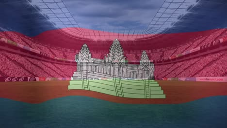animación de ondear la bandera de camboya contra la vista de un estadio deportivo