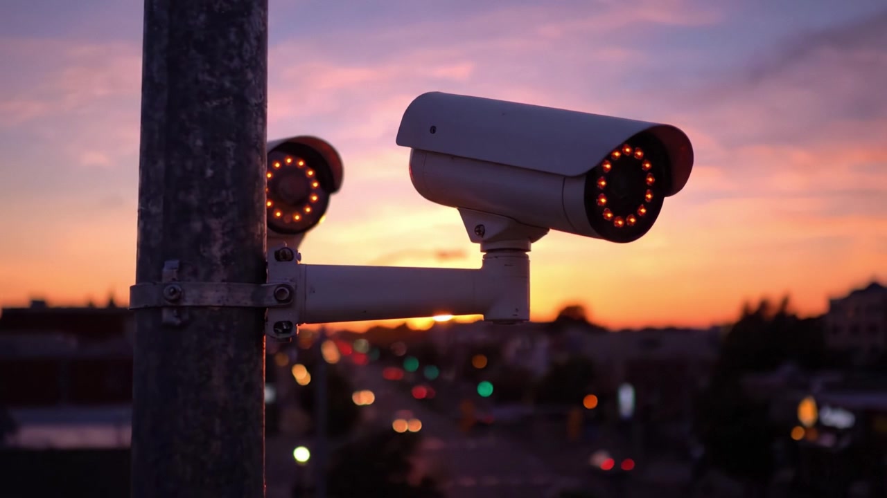 Telecamere di sorveglianza che catturano un bellissimo tramonto: l'intersezione tra tecnologia e natura con lo sviluppo urbano sullo sfondo.