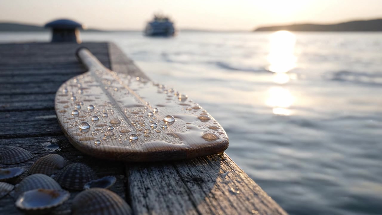 Sunset Reflections on a Dockside Paddle Surrounded by Seashells and the Calm Waters of a Tranquil Lake During Golden Hour with a Boat in the Background