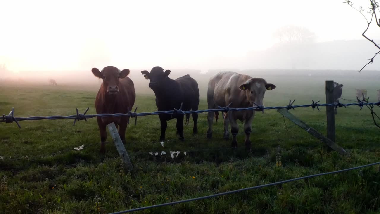 Glowing foggy morning sunrise cow herd silhouette cattle standing in countryside rural scene