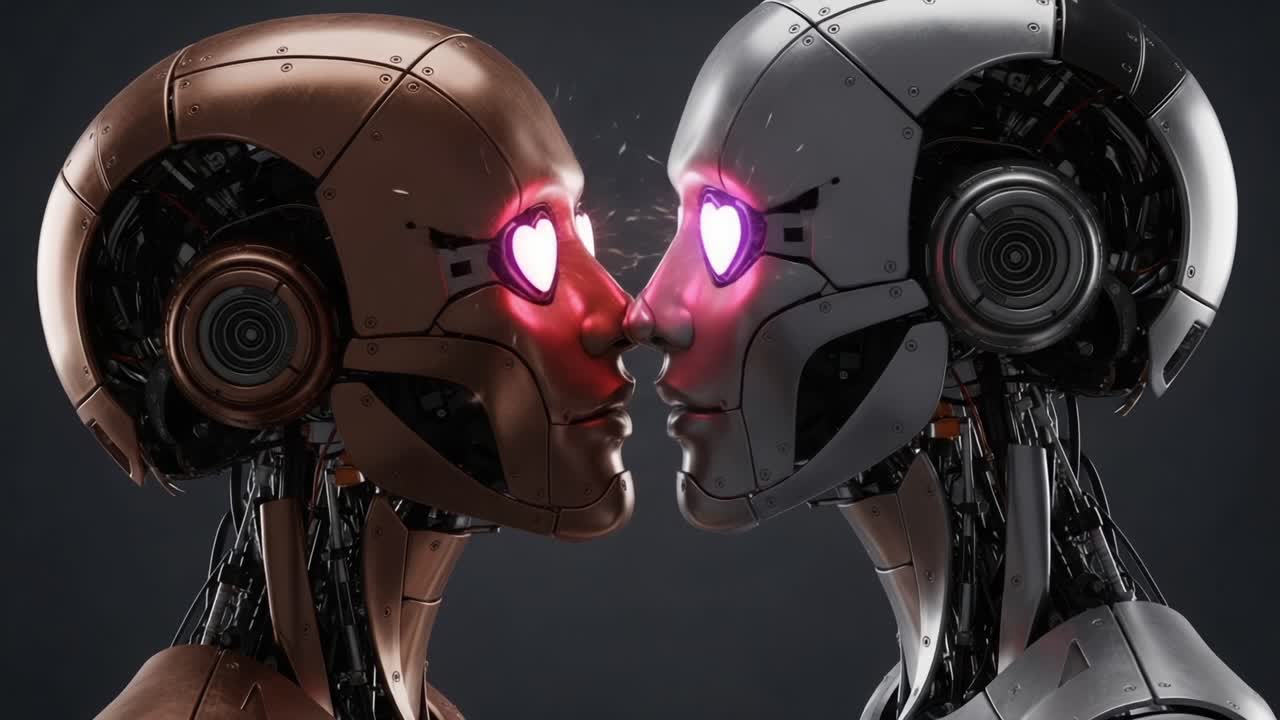 A Captivating Moment Between Two Robotic Figures, Displaying Emotive Sparks from Their Heart-inspired Lights, Showcasing a Blend of Metal and Technology in an Intimate Close-up