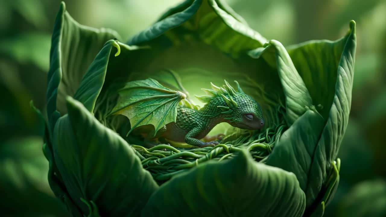 Baby Dragon in a Cabbage Nest