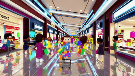 animated kids having fun shopping at a clothing store