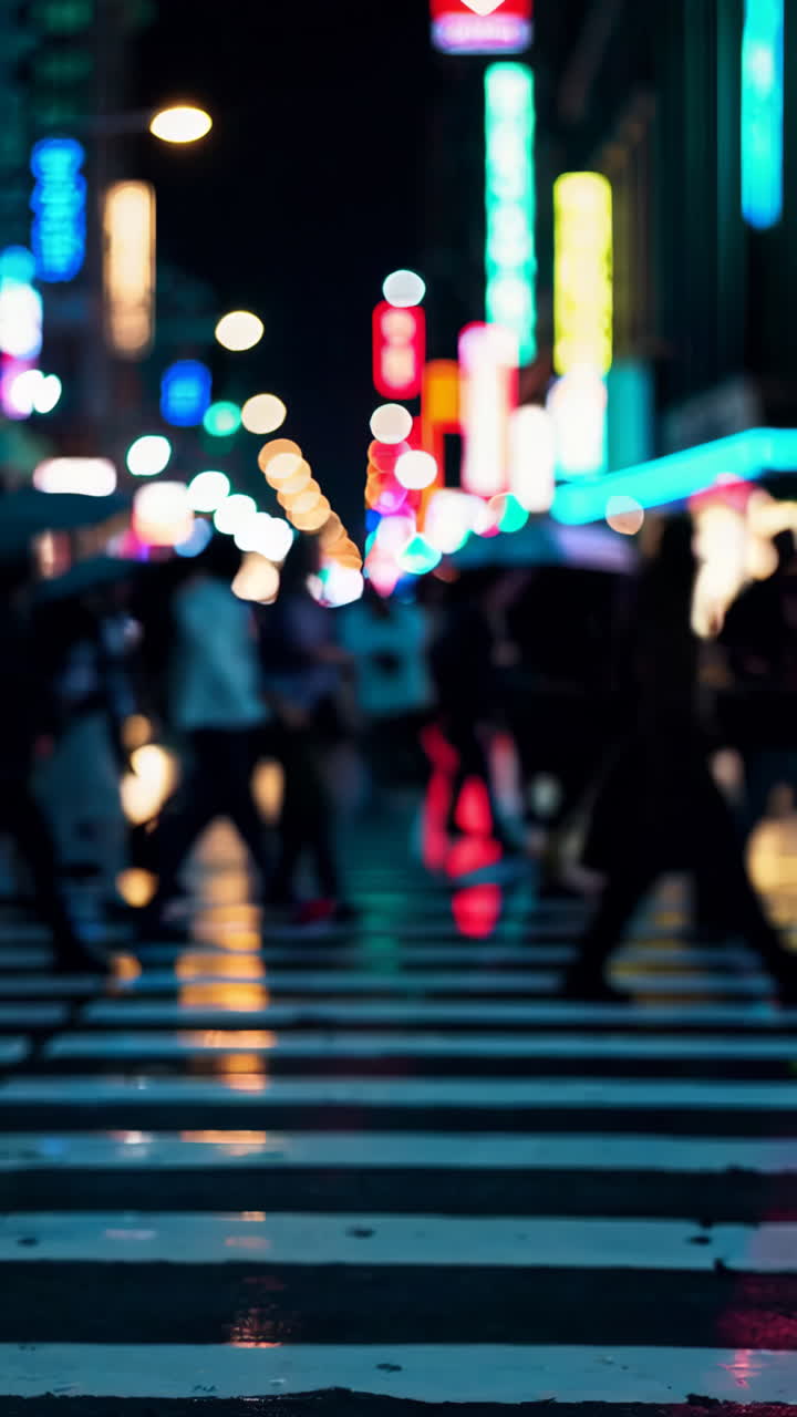 Blurred Urban Night Scene with Colorful Neon Lights and Wet Street Reflections