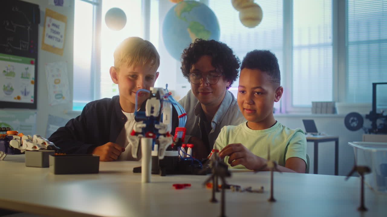 Kids Building Robots in Classroom