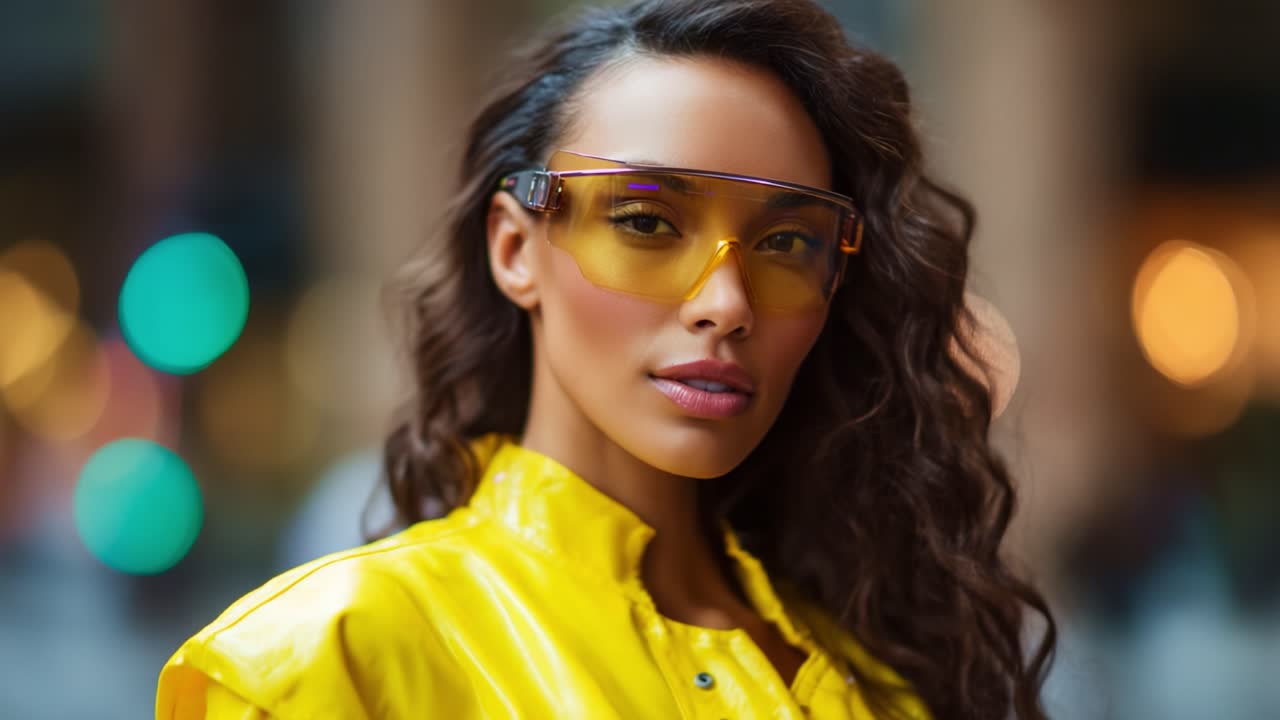 Modella alla moda con giacca gialla vivace e occhiali da sole, che posa con sicurezza su uno sfondo urbano, catturando l'essenza della moderna fotografia di moda