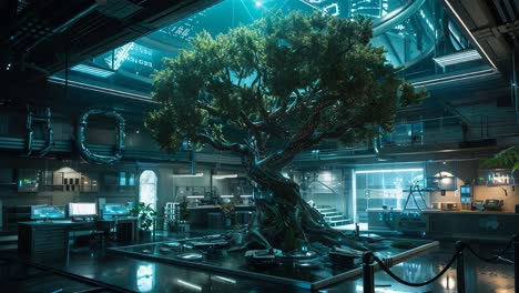 futuristic laboratory with a large tree