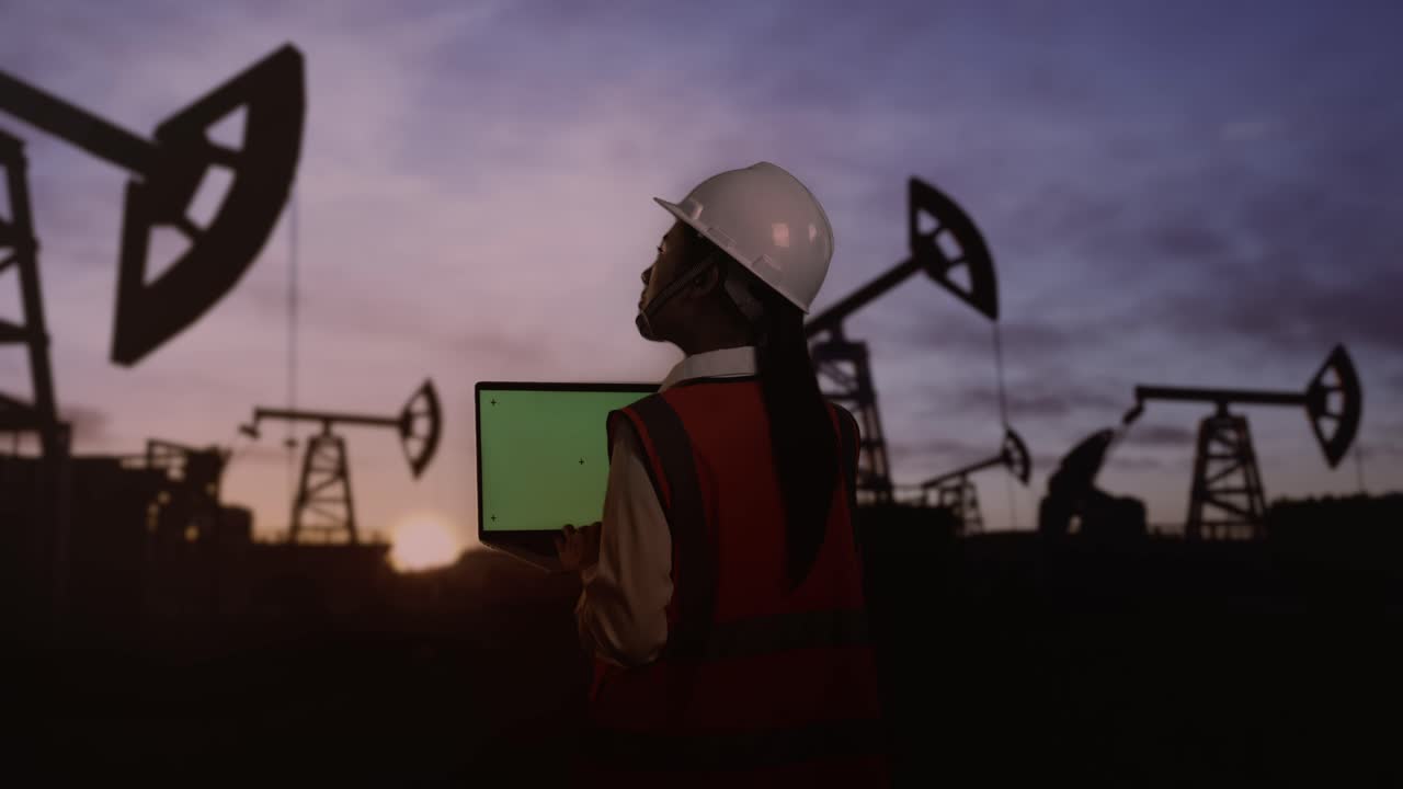vista trasera de una ingeniera asiática con casco de seguridad inspecciona las bombas de petróleo al amanecer en un gran campo petrolífero. trabajando en una computadora portátil de pantalla verde y mirando a su alrededor